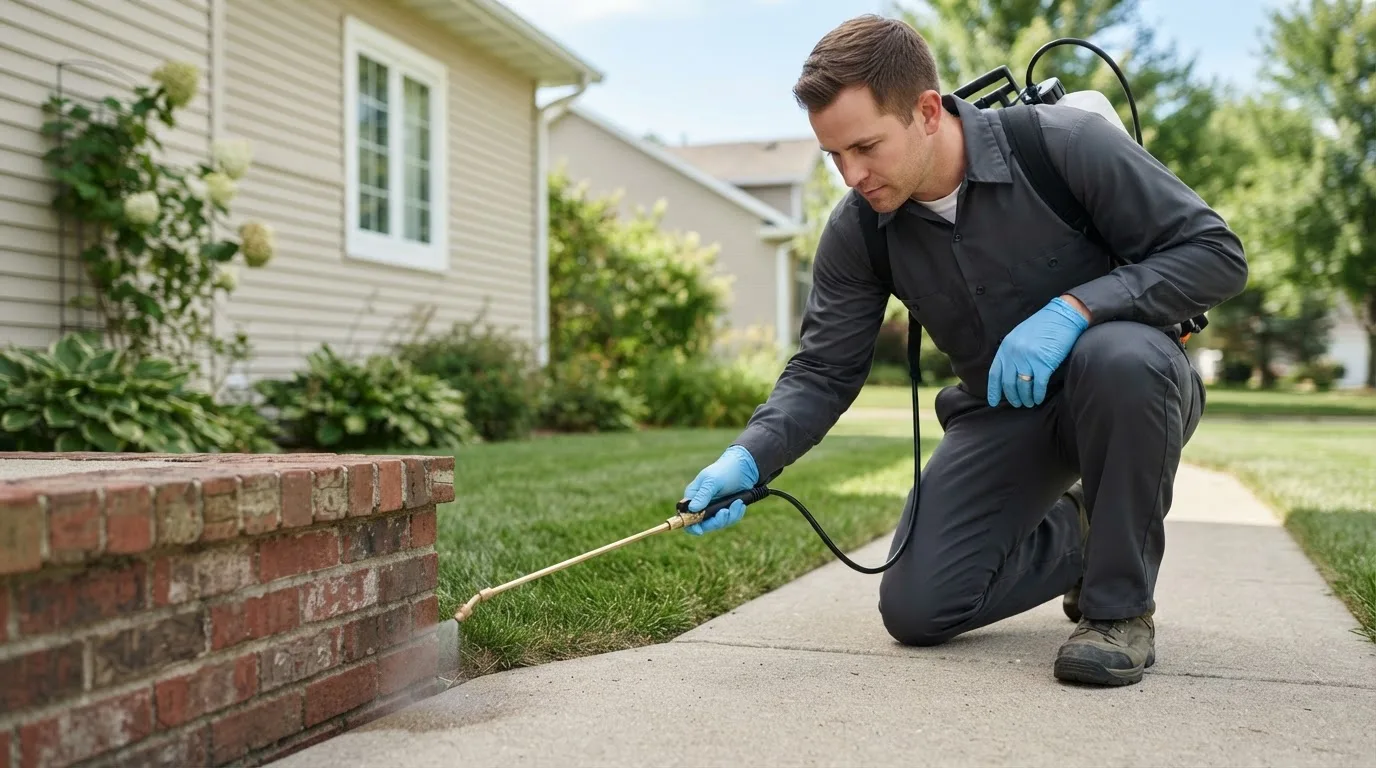 Pest control technician treating a home near Riga, MI