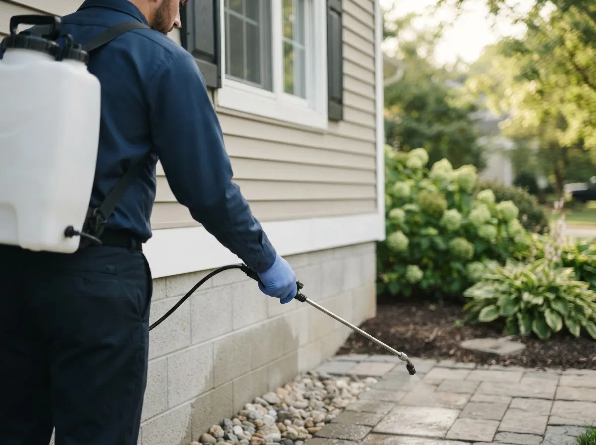 Pest control technician inspecting a home in Riga, MI